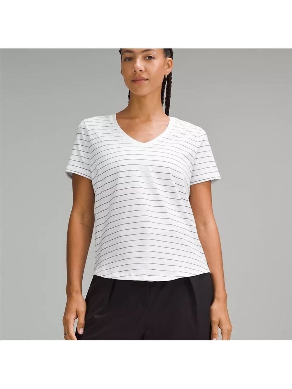 Lululemon Athletica Love V-Neck White and Black Striped T-shirt